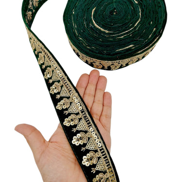 Floral Embroidered Velvet Fabric Sequins Trim Indian Sari Border, Sequin Trimming, Sequinned Lace